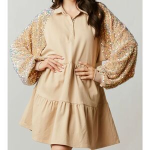Peach Love California Sequin Long Sleeve Beige Babydoll Mini Dress Size Large